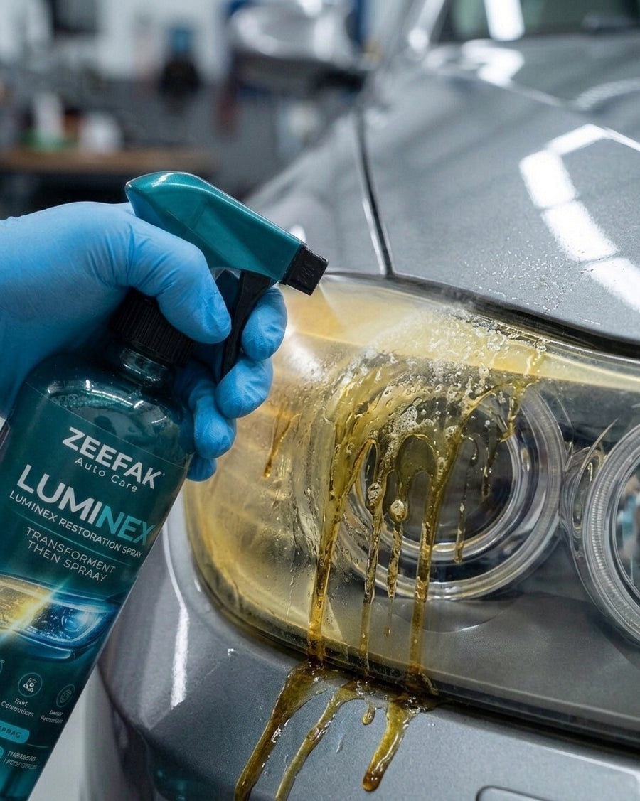 Mechanic spraying restoration formula on a foggy headlight