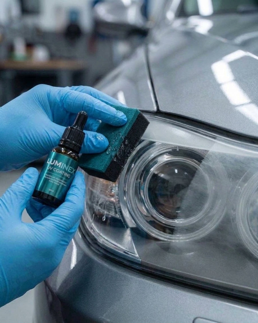 Gloved hand applying UV coating with a sponge to a clear headlight